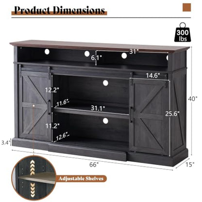 66" W Farmhouse TV Stand, Entertainment Center with Storage, Grey, view 3