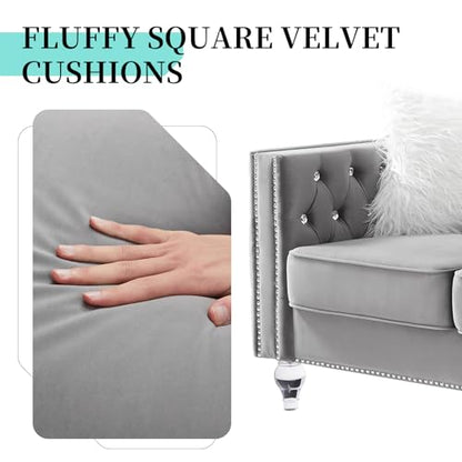 83" Chesterfield Sofa, Velvet Mid-Century Modern Upholstered Couch with 2 Throw Pillows and Acrylic Legs, Nailhead Button Tufted Vintage Sofa for Living Room, Apartment, Office, Grey