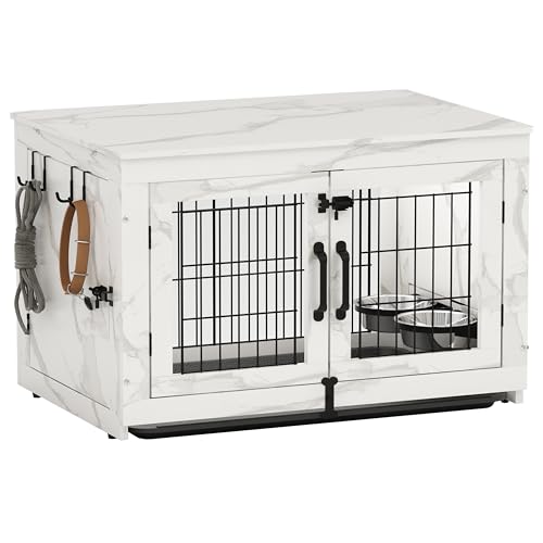 Wooden Dog Crate Furniture with 360°Rotatable Removable Dog Bowls, view 2