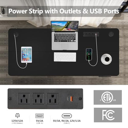 Electric Standing Desk, 55x24in Adjustable Height Computer Desk with Wheels, Sit-Stand Desk with Charging Station, 2 USB Ports, 3 Power Outlets, Spacious Workstation for Home Office(Black)