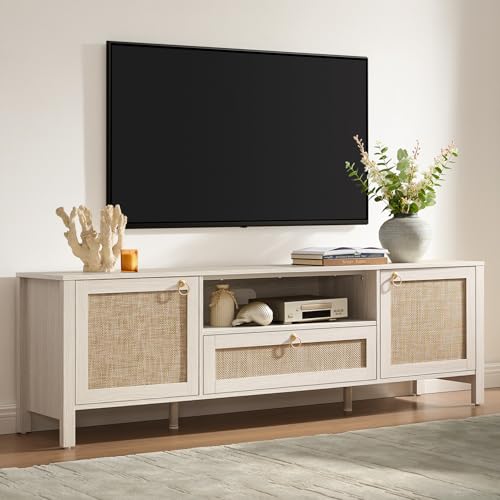 Rattan TV Stand for TVs up to 75 Inch, White Entertainment Center, view 2