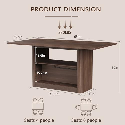 63" Dining Table with Storage, Fluted Rectangular Kitchen Table for 6 with 2-Tier Storage Shelf, Farmhouse Wood Table (Walnut)