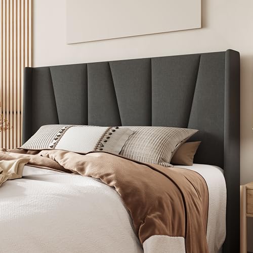 Queen Size Platform Bed Frame with Upholstered Headboard, Dark Grey, view 5