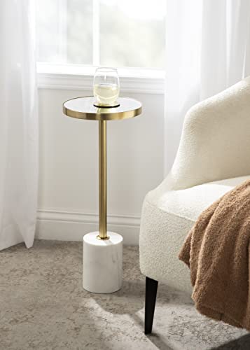 Hescott Modern Mirrored Drink Table; 10 x 10 x 24; White Marble and Gold; Glam Round Accent Table with Premium Marble Base and Mirror Tabletop