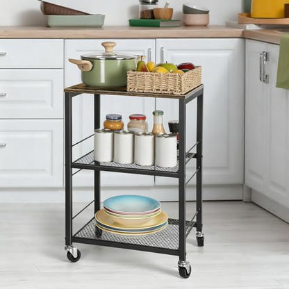 Side Table Small with Wheels Industrial Night Stand Storage Shelf 3 Tier Wood End Table with Metal Frame for Small Space Living Room Bedroom Kitchen Office