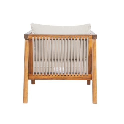 Silas Acacia Wood Lounge Chair Outdoor with Removable Cushion, Wooden Patio Accent Chair with Woven Rope Details, Outdoor Armchair for Patio Furniture Set, Teak+Beige
