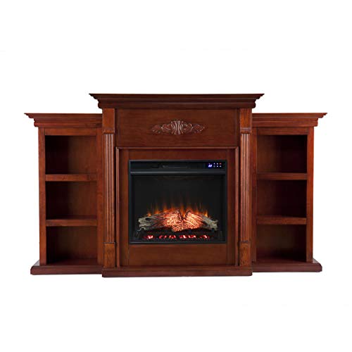 Tennyson Touch Screen Electric Fireplace with Book Shelves - Mahogany - Transitional Design, Brown Glass and Wood - Ideal for Living Room, Bedroom (FR8547)