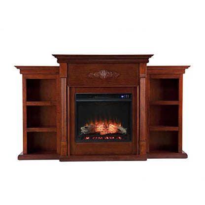 Tennyson Touch Screen Electric Fireplace with Book Shelves - Mahogany - Transitional Design, Brown Glass and Wood - Ideal for Living Room, Bedroom (FR8547)