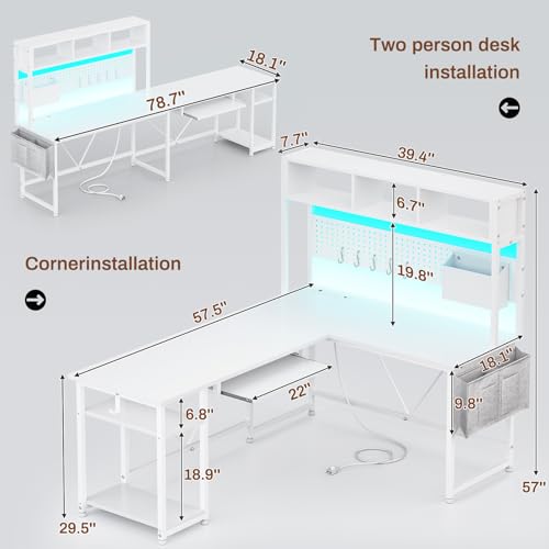 White L Shaped Office Desk, 57.5” Corner Computer Desk with Power Outlet Pegboard and Keyboard Tray, Gaming Table with LED Lights, Hutch and Storage Shelves for Home Office