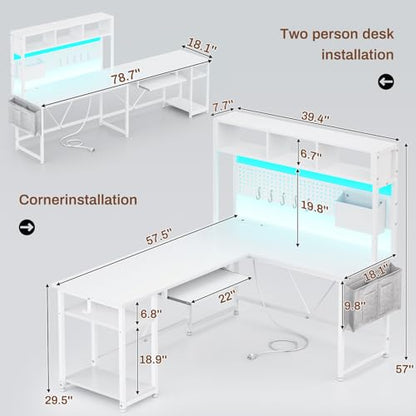 White L Shaped Office Desk, 57.5” Corner Computer Desk with Power Outlet Pegboard and Keyboard Tray, Gaming Table with LED Lights, Hutch and Storage Shelves for Home Office