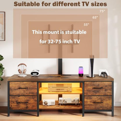 TV Stand with Mount for 75 Inch TV, Media Console Table, 59 Inch | Industrial Entertainment Center for Living Room, with LED Light and Power Outlets, Drawers, Open Shelves, Steel, Rustic Brown