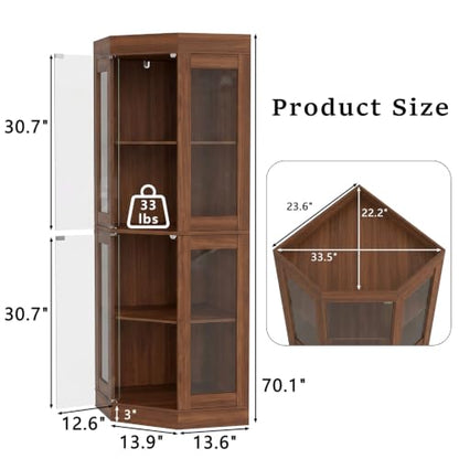 70''H Tall Corner Cabinet with Glass Doors, Walnut, view 3