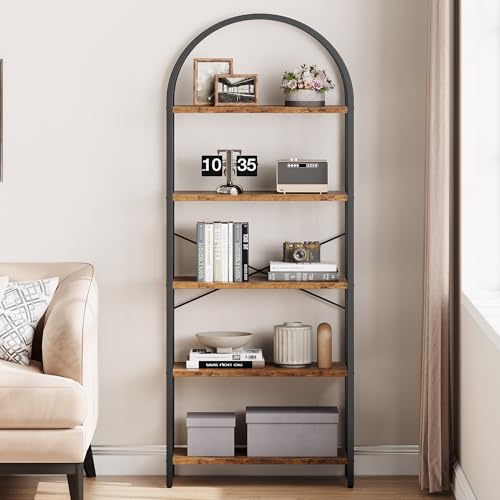 Bookshelf 5 Tier Bookcase Arched Display Racks Tall Standing Bookshelves Metal Frame Modern Storage Rack Shelf Large Wood Book Shelf for Bedroom, Living Room, Home Office (Rustic Brown)