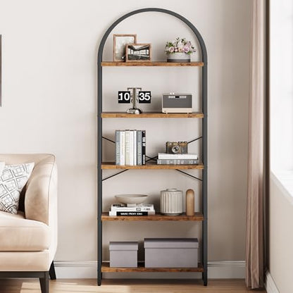 Bookshelf 5 Tier Bookcase Arched Display Racks Tall Standing Bookshelves Metal Frame Modern Storage Rack Shelf Large Wood Book Shelf for Bedroom, Living Room, Home Office (Rustic Brown)