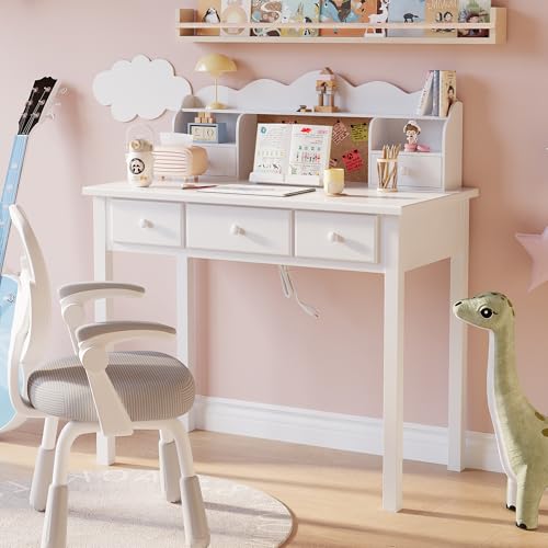 Writing Desk With Hutch, 36" Small White 5 Drawer Girls Desk, Pre-installed, view 2