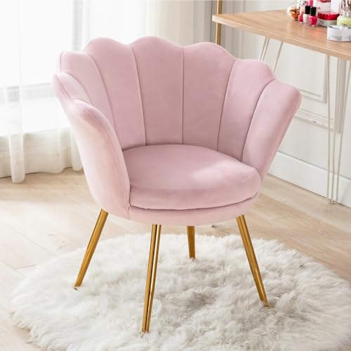 Light Pink Makeup Vanity Chair with Back, Modern Velvet Upholstered Small Accent Chair with Gold Metal Legs, Cute Shell Shaped Vanity Stool Desk Chair for Living Room Bedroom Dressing Room
