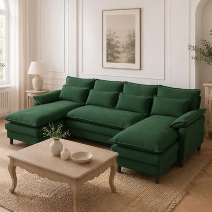 105" Convertible Sectional Sofa, U Shape Cloud Couch, Comfy Couches with Double Chaise and Sleepable Armrests, 4 Seats Sectional Couches for Living Room, Green