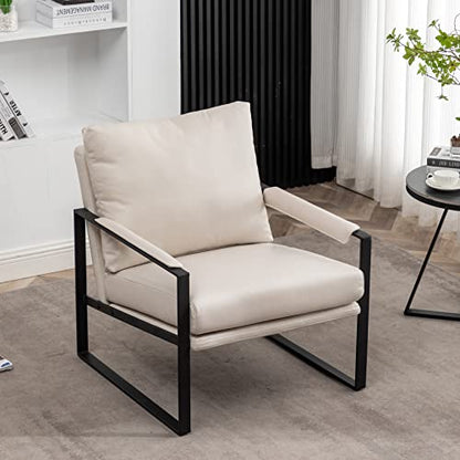 Modern Faux Leather Accent Chair, Upholstered Armchair with Metal Frame, Thick Seat Cushion and Oversized Back Pillow, Easy-Clean Lounge Chair for Living Room, Bedroom, Office and Reception