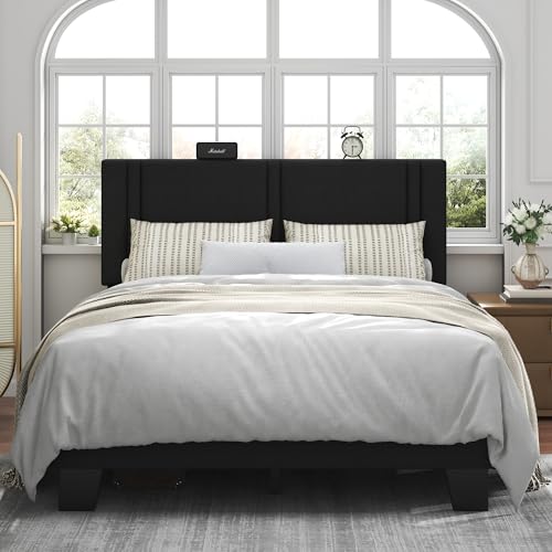 Queen Platform Bed Frame, Fabric Upholstered Queen Bed Frame, view 3