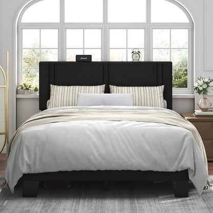 Queen Platform Bed Frame, Fabric Upholstered Queen Bed Frame, view 3