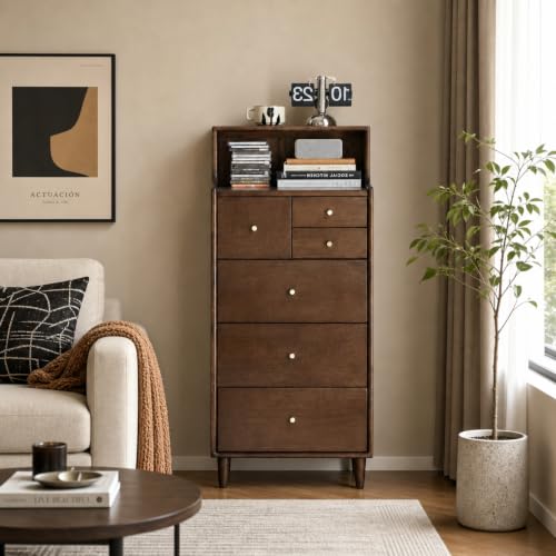 Solid Wood Nightstand, 6 Drawer with Open Shelve, view 6