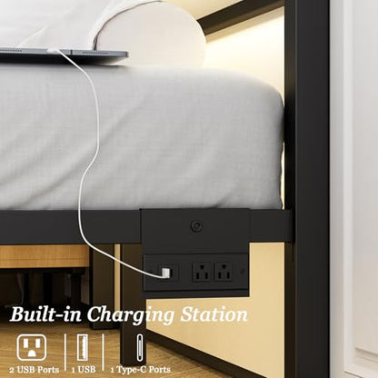 Full Size Bed Frame with Charging Station & LED Lights, view 5