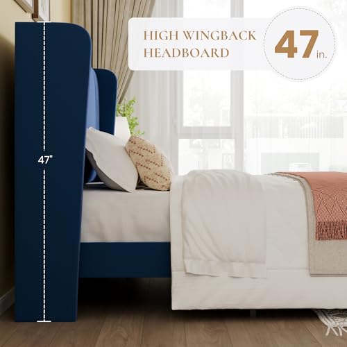 Queen Velvet Upholstered Bed Frame, Wingback Headboard, Blue, view 6