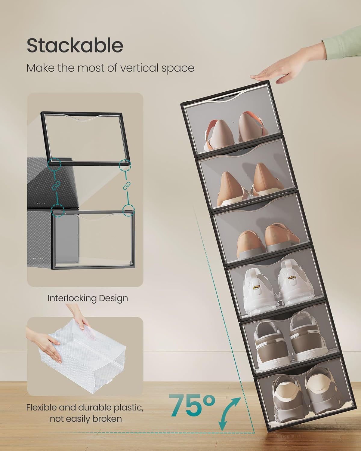 Shoe Boxes, Shoe Storage Organizers Rack for Closet, Plastic Stackable Sneaker Containers Case, 12 Pack, Transparent and Ink Black ULSP312B01