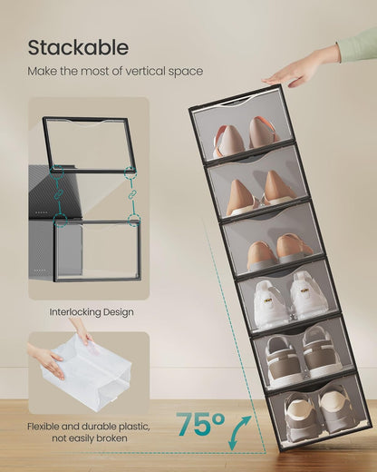 Shoe Boxes, Shoe Storage Organizers Rack for Closet, Plastic Stackable Sneaker Containers Case, 12 Pack, Transparent and Ink Black ULSP312B01