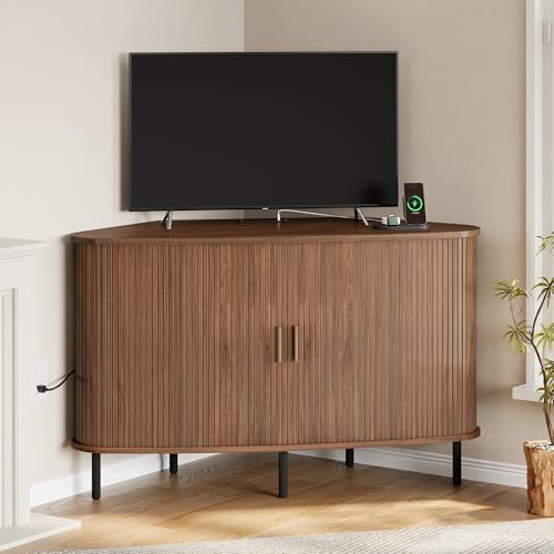 47" Corner TV Stand, Fluted TV Cabinet for 55 Inch TVs, Walnut, view 4