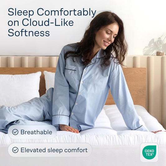 Cloud-Like Queen Mattress Topper - 100% Cotton Top Mattress Pad for Back Pain Relief - Breathable & Naturally Cooling for Hot Sleepers, White