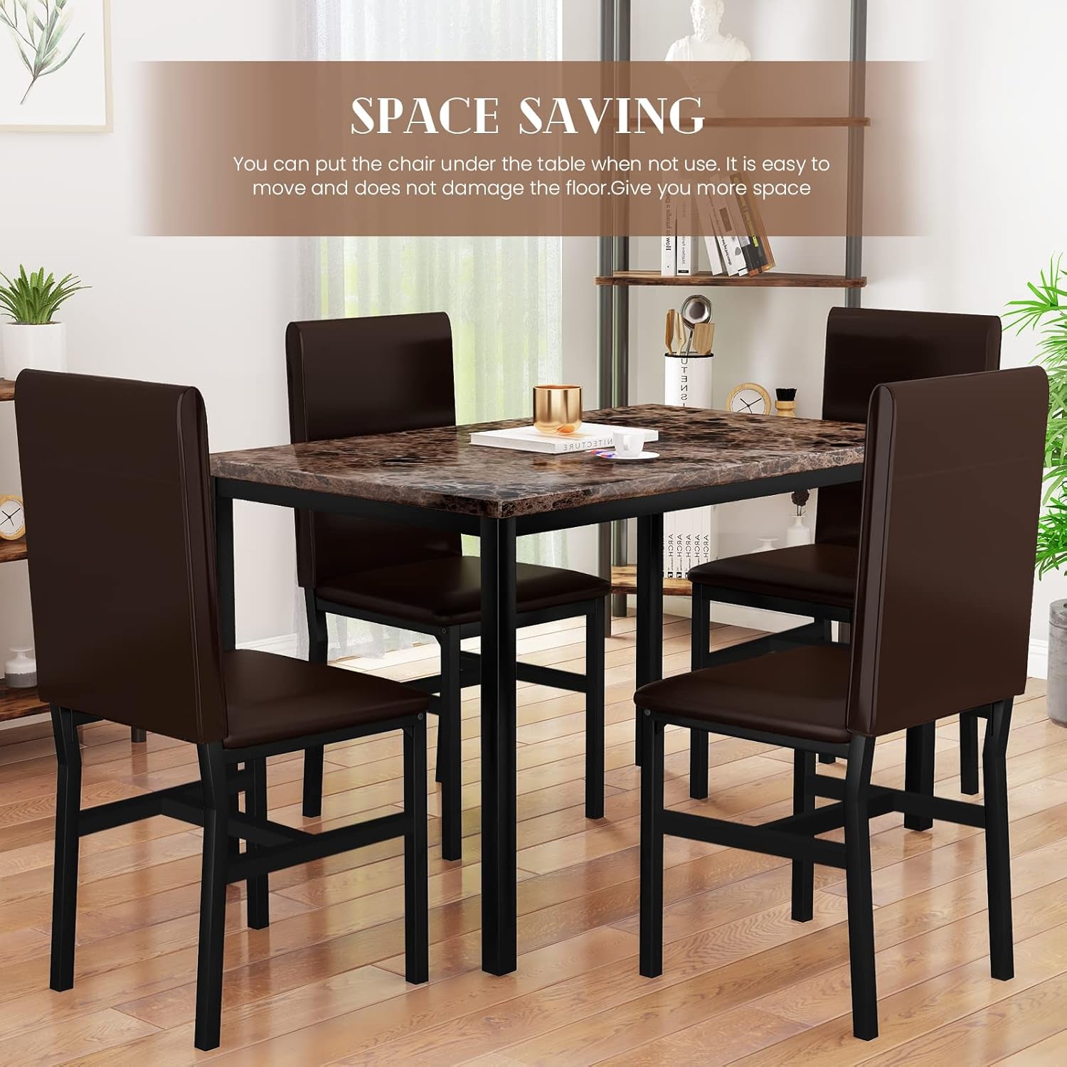 5 Piece Dining Table Set for 4,Faux Marble Kitchen Table and Chairs for 4, Modern Dining Room Table with 4 Chairs,Dinner Table Set for Small Spaces, Brown