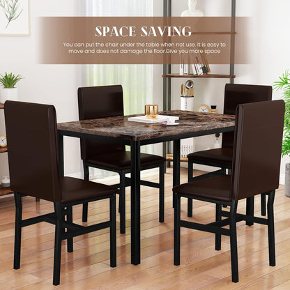 5 Piece Dining Table Set for 4,Faux Marble Kitchen Table and Chairs for 4, Modern Dining Room Table with 4 Chairs,Dinner Table Set for Small Spaces, Brown