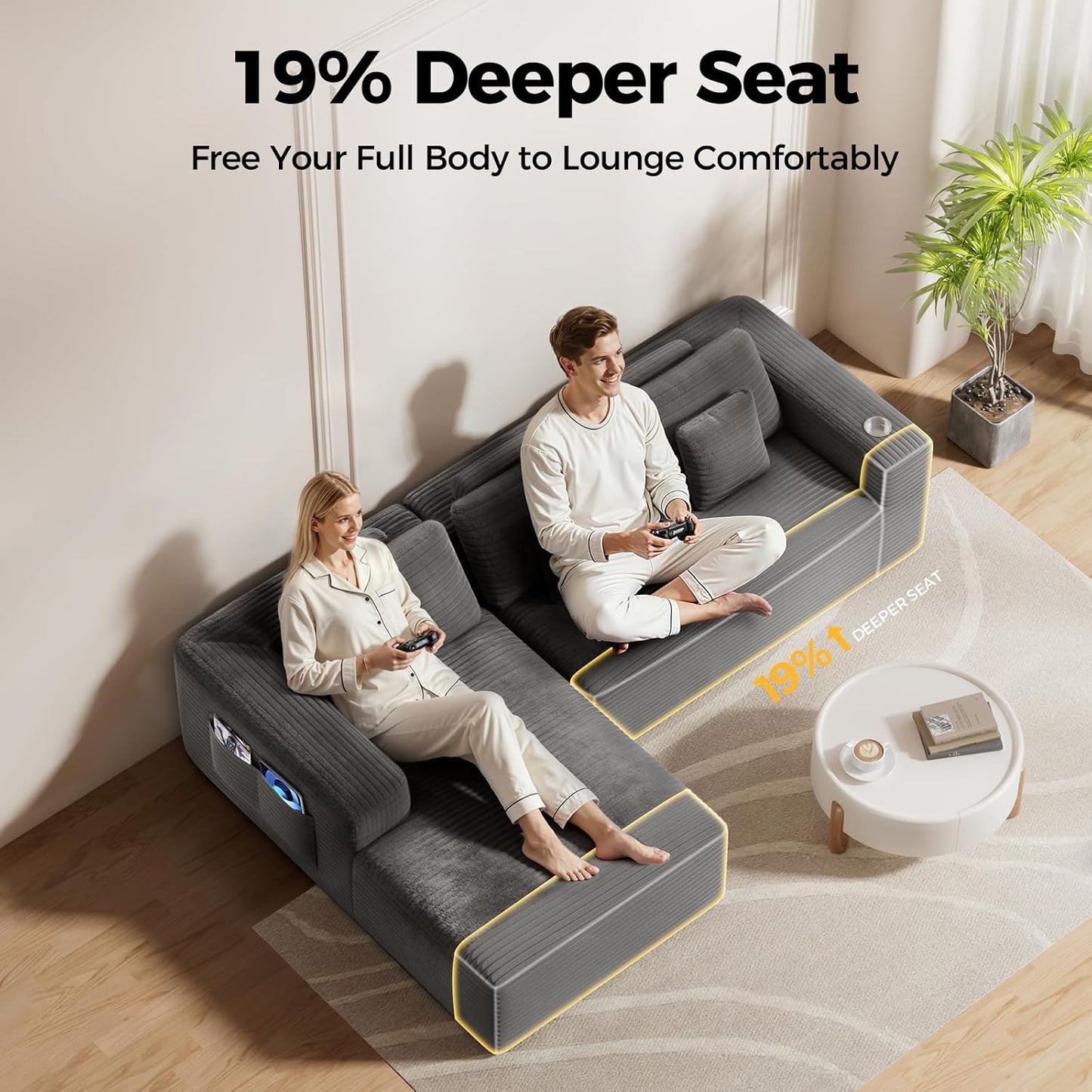 108” Cloud Sectional Couch in One Box, Compressed Modular Sectional Sofa with Deep Seat, Corduroy Boneless Couches, L-Shaped Sofa for Living Room, 4 Storage Pockets(Left Facing Chaise, Grey)