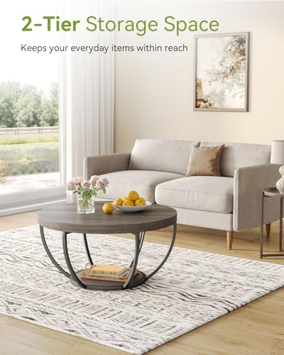 Round Coffee Table, 32" Circle Coffee Table for Living Room, 2-Tier Wood Accent Center Table with Open Storage Industrial Design Home Furniture (Grey and Black)
