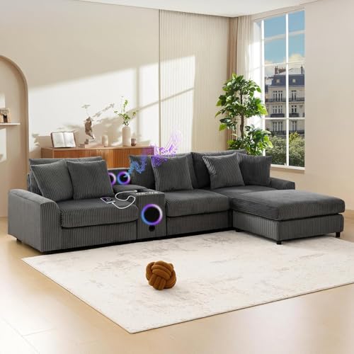 114" Corduroy Sectional Modular Couch with Speakers, L Shaped Couches Comfy Deep Sofa with Console, USB Charger, Cup Holders, Storage, Ottoman for Living Room (Gray, 114in)