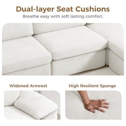 118" Sectional Boneless Couch for Living Room, Modern L Shaped Sofa with Ottoman, Comfy Cloud Modular Sectional Sofa with Deep Seat, No Assembly Required, White