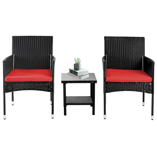 PayLessHere Set of 3 Outdoor Furniture Set Heavy Duty Patio Furniture Set Sturdy Conversation Set with 2 Rattan Chairs Glass Top Coffee Table Seat Cushions for Coffee Bar Poolside Patio Outdoor, Red