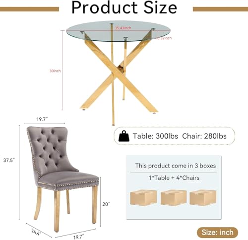 Glass Dining Table Set for 4, Modern 36" Round Kitchen Table with 4 Velvet Dining Chairs and Golden Cross Metal Legs, Modern Circle Dinner Table Set, 5 Piece Dining Set for Kitchen