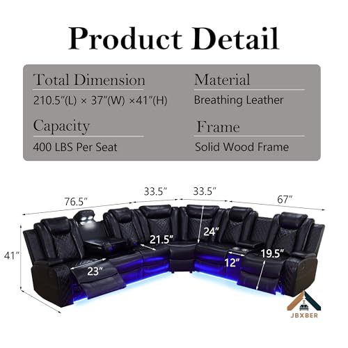 Power Recliner Sectional Sofa Set for Living Room, Leather Recliner Sofa Sets, L-Shaped Corner Sectional Couch Sets with LED Lights, Console Storage(Sectional,Black)