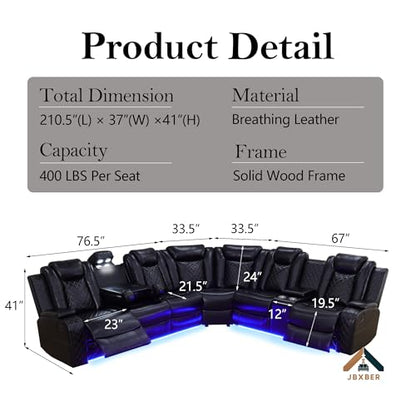 Power Recliner Sectional Sofa Set for Living Room, Leather Recliner Sofa Sets, L-Shaped Corner Sectional Couch Sets with LED Lights, Console Storage(Sectional,Black)