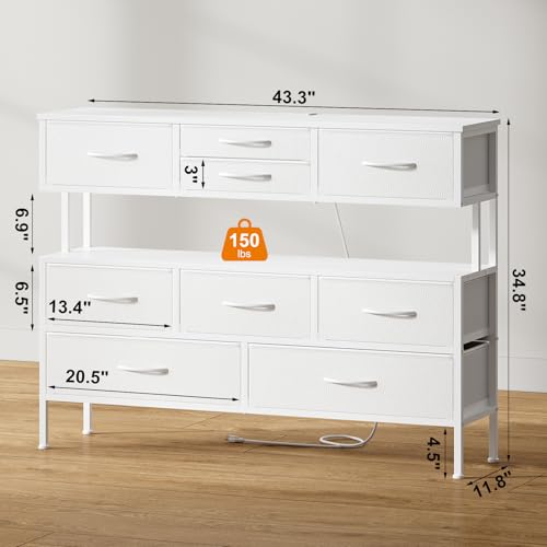 43.3" TV Stand for 55" TV, Entertainment Center with Charging Station and LED Light, Media Console Table with Drawers & Shelves, TV Stand for Living Room, White