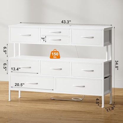 43.3" TV Stand for 55" TV, Entertainment Center with Charging Station and LED Light, Media Console Table with Drawers & Shelves, TV Stand for Living Room, White