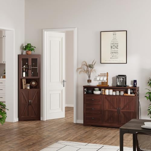 47" Dark Brown Farmhouse Storage Cabinet with Barn Doors and Drawers | Sideboard Buffet Cabinet with Storage, Kitchen Pantry Hutch, Coffee Bar Station Table for Kitchen, Living, Dining Room