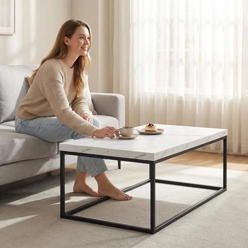 47-Inch White Marble Coffee Table/Center Table, Large Size | Extra Thick 1.6" Honey-comb Top, Rectangle, Minimalist Modern Industrial Style, Wood and Metal Cocktail Table