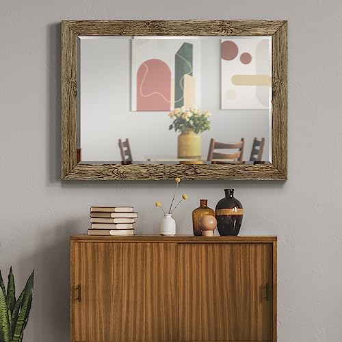 Rectangular Dark Room Walnut Wooden Framed Body Mirror Decor Farmhouse Wall Mounted Horizontal Decorative Mirror for Bedroom Living Room Bathroom - 41"x29" LT07