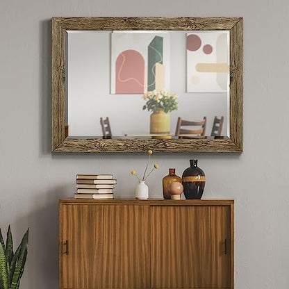 Rectangular Dark Room Walnut Wooden Framed Body Mirror Decor Farmhouse Wall Mounted Horizontal Decorative Mirror for Bedroom Living Room Bathroom - 41"x29" LT07
