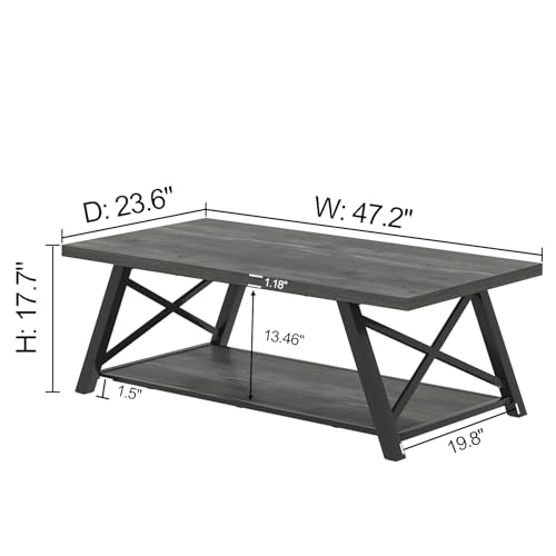 Coffee Table, Industrial Wood and Metal Center Table for Living Room, Rectangle Cocktail Tea Table with Storage Shelf, Rustic Grey, 47 Inch
