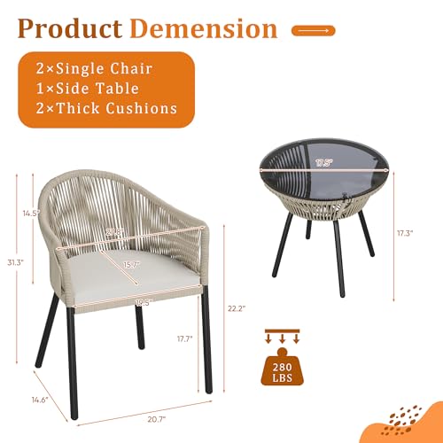 Patio Furniture Set 3 Pieces Rope Woven Bistro Set Outdoor Conversation Set with 2 Wide Chairs,Cushions and Tempered Glass Table for Balcony Porch Backyard Garden Poolside