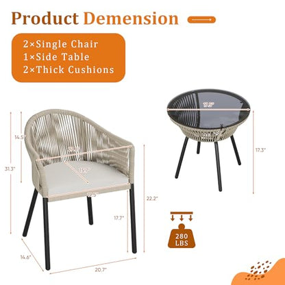 Patio Furniture Set 3 Pieces Rope Woven Bistro Set Outdoor Conversation Set with 2 Wide Chairs,Cushions and Tempered Glass Table for Balcony Porch Backyard Garden Poolside